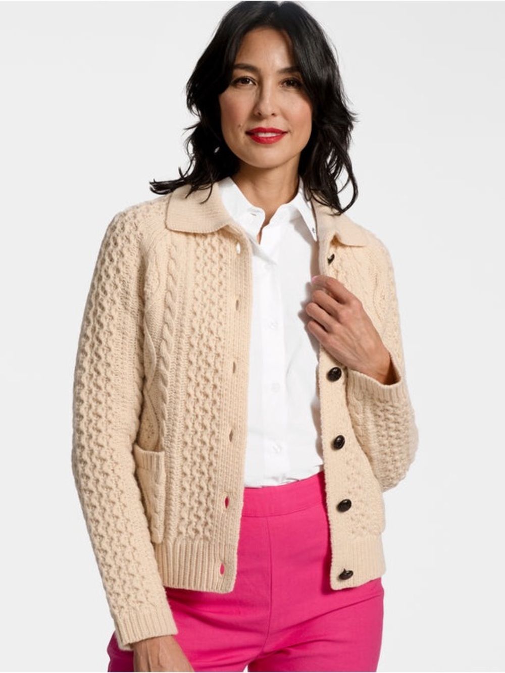 Frances Valentine Cream Cable Knit Cardigan Sweater